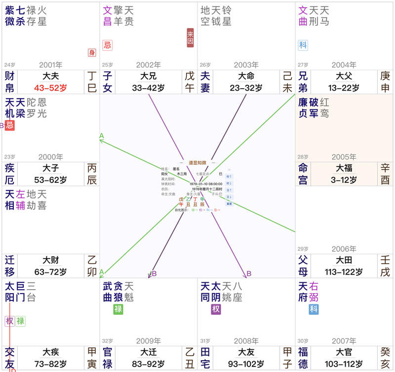 1979年1月10日辰时女命盘:来因在子女,福德生年科,田宅生年权,官禄天机禄入疾厄