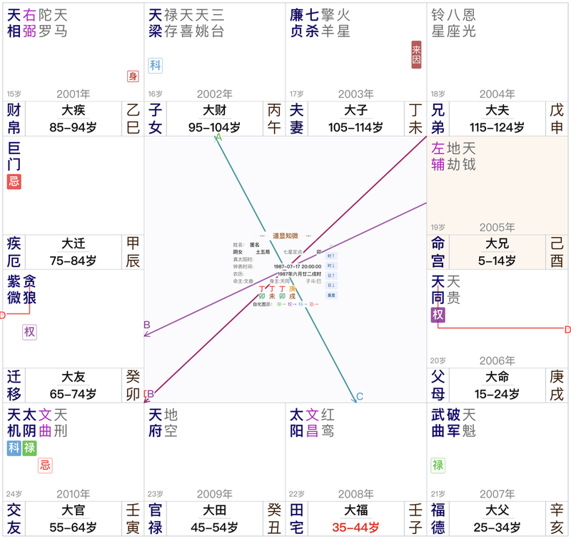 1987年7月17日戌时女命盘:来因在夫妻,巨门忌在疾厄,交友禄科,父母与交友一正一反